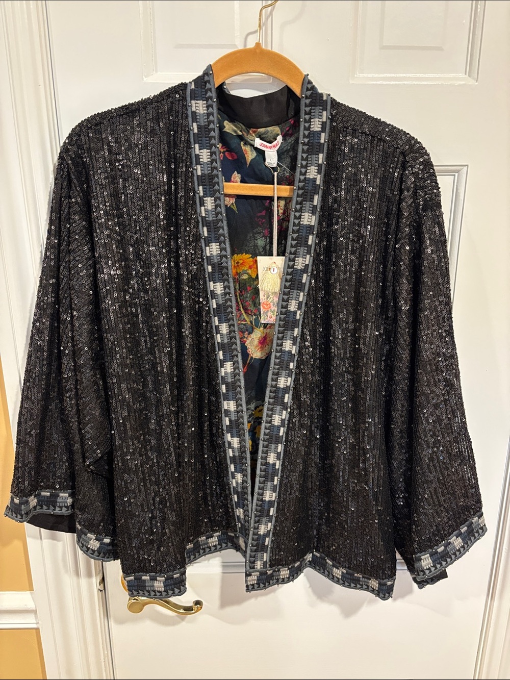 Johnny Was Black Sequin Open-Front Cardigan with Floral Lining